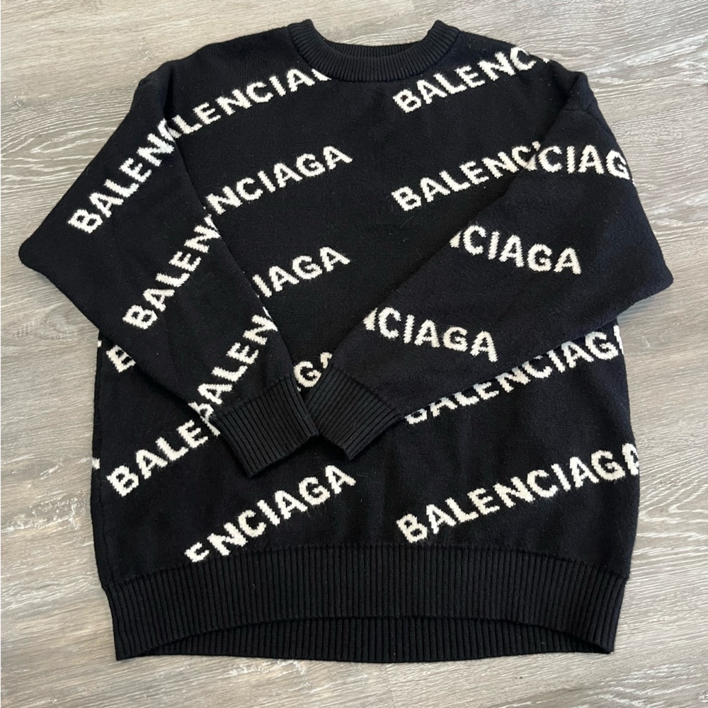 Balenciaga Black Crewneck with White All-Over Logo 100% cotton